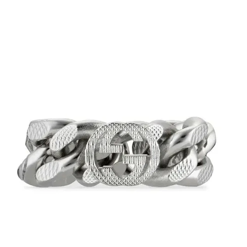Gucci 702514 Interlocking GG Ottone Palladio Silver-toned Chain Ring, sz 6.5 -52